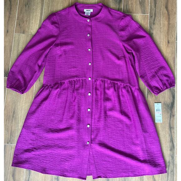 DKNY Magenta Button Front Drop Waist Dress Size 10 MSRP $129 NWT - Picture 1 of 15
